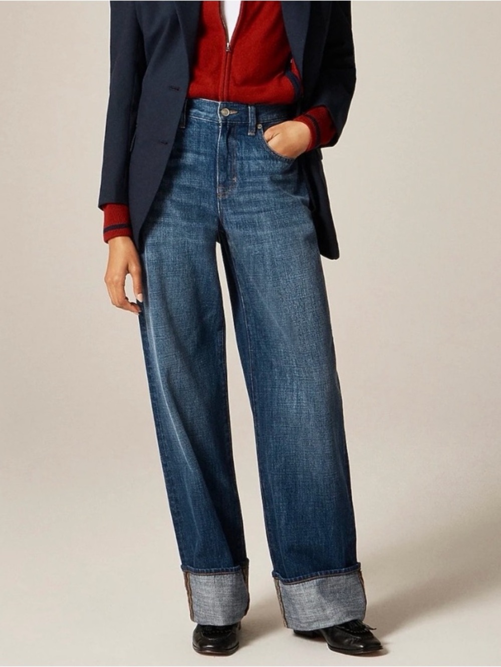 J. CREW Wide Leg Low Rise Rigid Cuffed Denim Jeans Womens 30P Dark Isla Wash